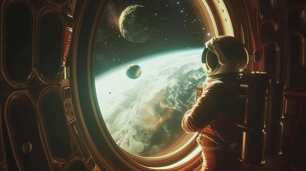 the astronaut is in a spaceship near the porthole window, planets and stars are visible outside the window, high quality, good detail, an atmosphere of mystery, cyberpunk