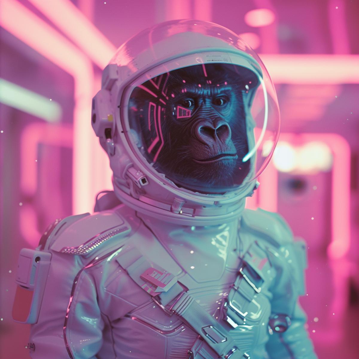 Photography, film grain, Portrait 50mm, cyan and pink neon lights in the blurred background and the air is full of particles and tension, close up portrait of a female gorilla cat on Mars in full white High Tech Armor with subtle tech applications, small led lights and silver or golden futuristic metallic accents, she is looking straight into the camera she looks smart and trusted, she is a veteran soldier and the hero of a Sci-Fi Epos on a mission and the leader of a new ERA in DeFi, the shot has Christopher Nolan and Star Wars vibes,. The background features a captivating color graduation, transitioning from cyan to purple and pink accents in the surrounding Martian landscapes, futuristic buildings and space ships, civilians etc. with the film grain of 400 iso adding a cinematic texture. The atmosphere is one of epic sci-fi exploration, reminiscent of a visually stunning and immersive experience