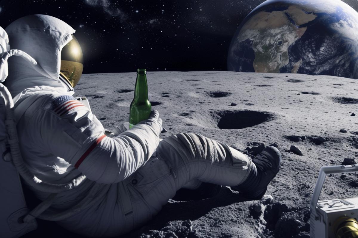 An astronaut sits on the moon with a bottle of beer, looking at the earth