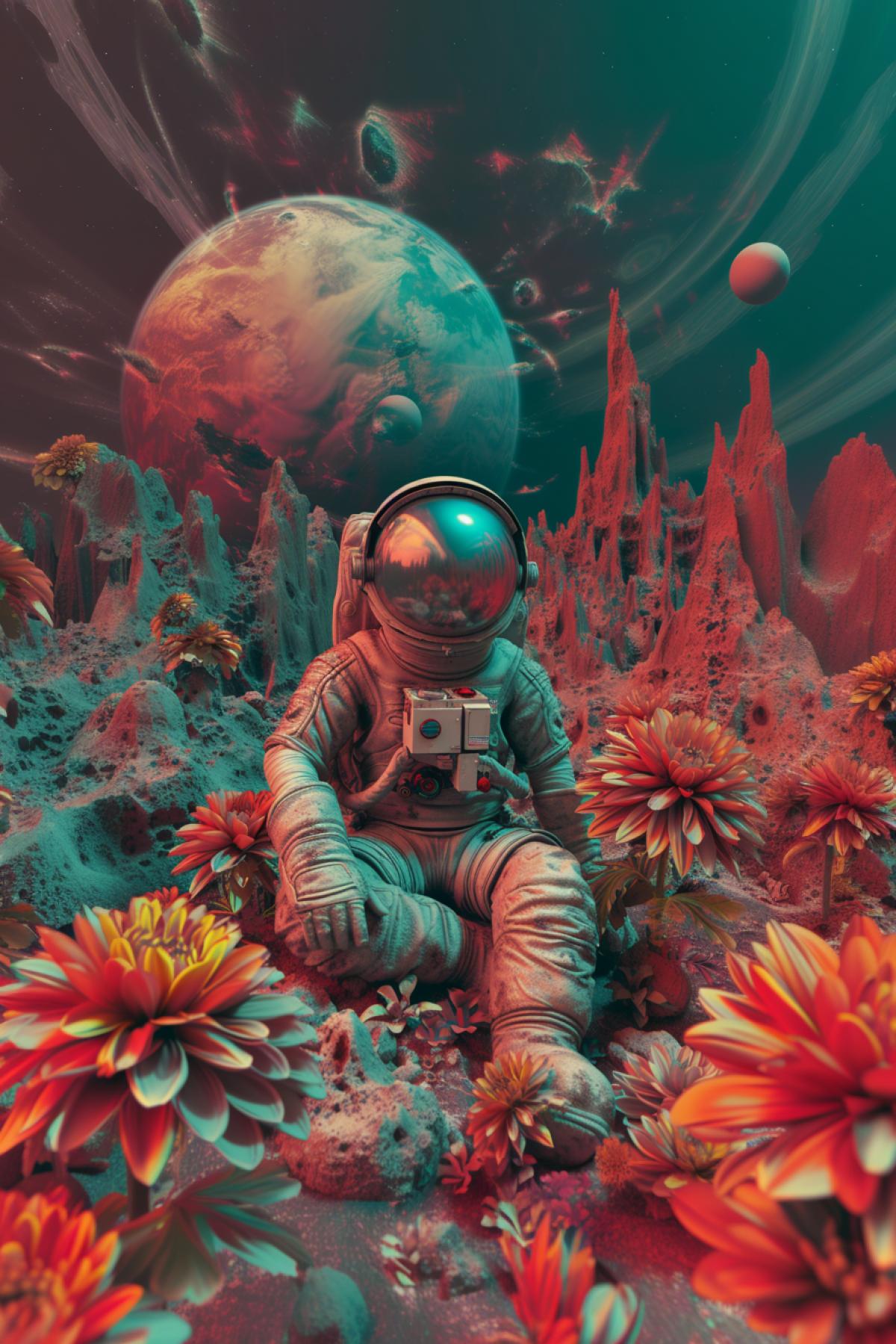 Buddhist astronaut, cosmic flowers, Another planet, time distortion, rich colors, 3D image