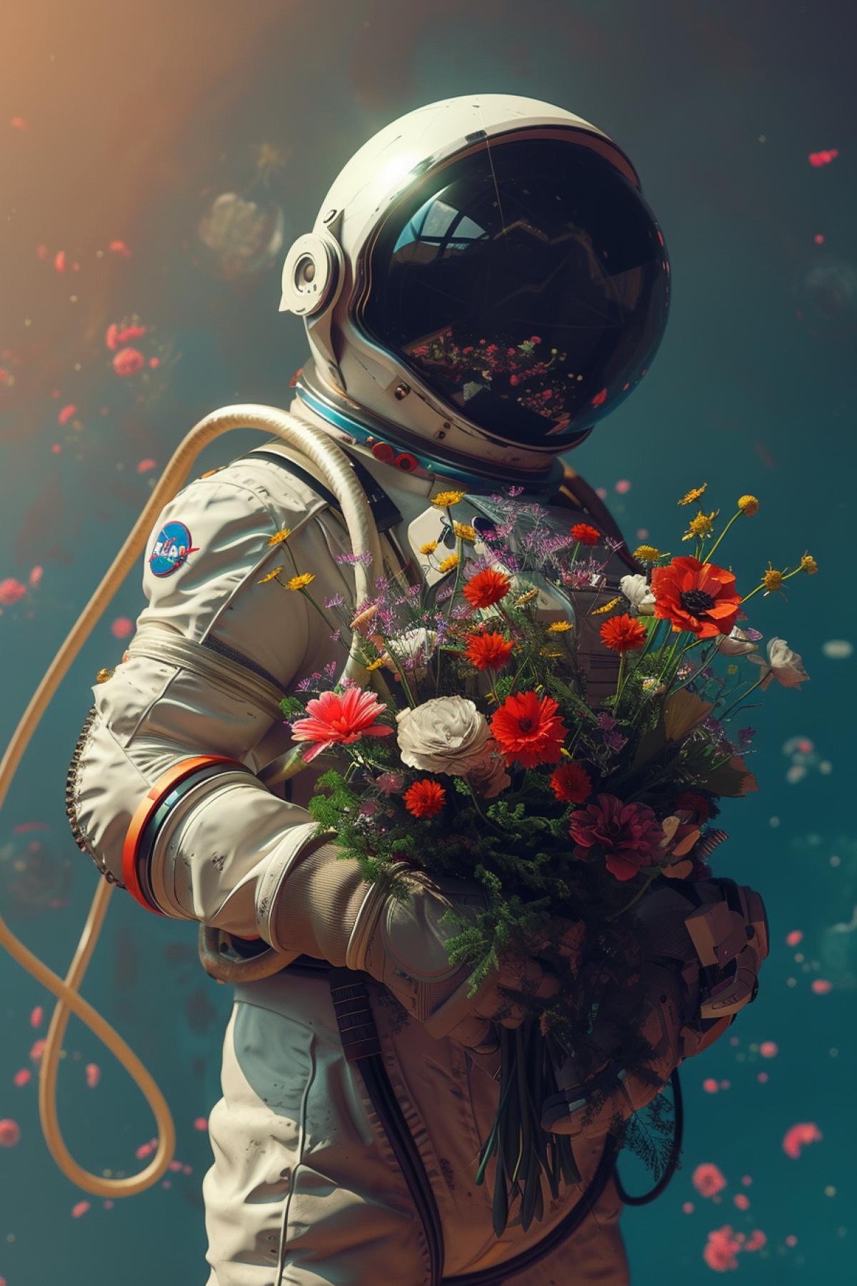 astronaut in an ultra-futuristic suit with a bouquet of flowers