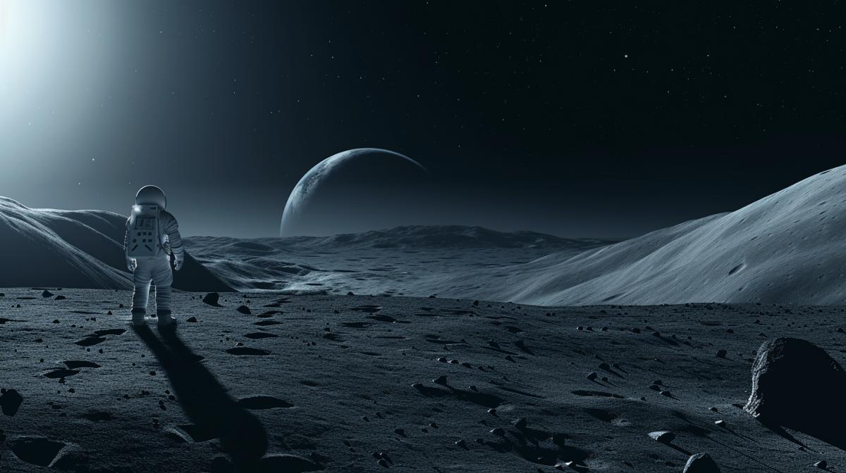 Moon landscape, stark lighting, melancholic, astronaut gazing at Earth, feeling small yet connected to the universe, footprints on the moons surface, lunar rover nearby, monochromatic color palette with hints of blue, asymmetrical com4k, in the style of Ansel Adams