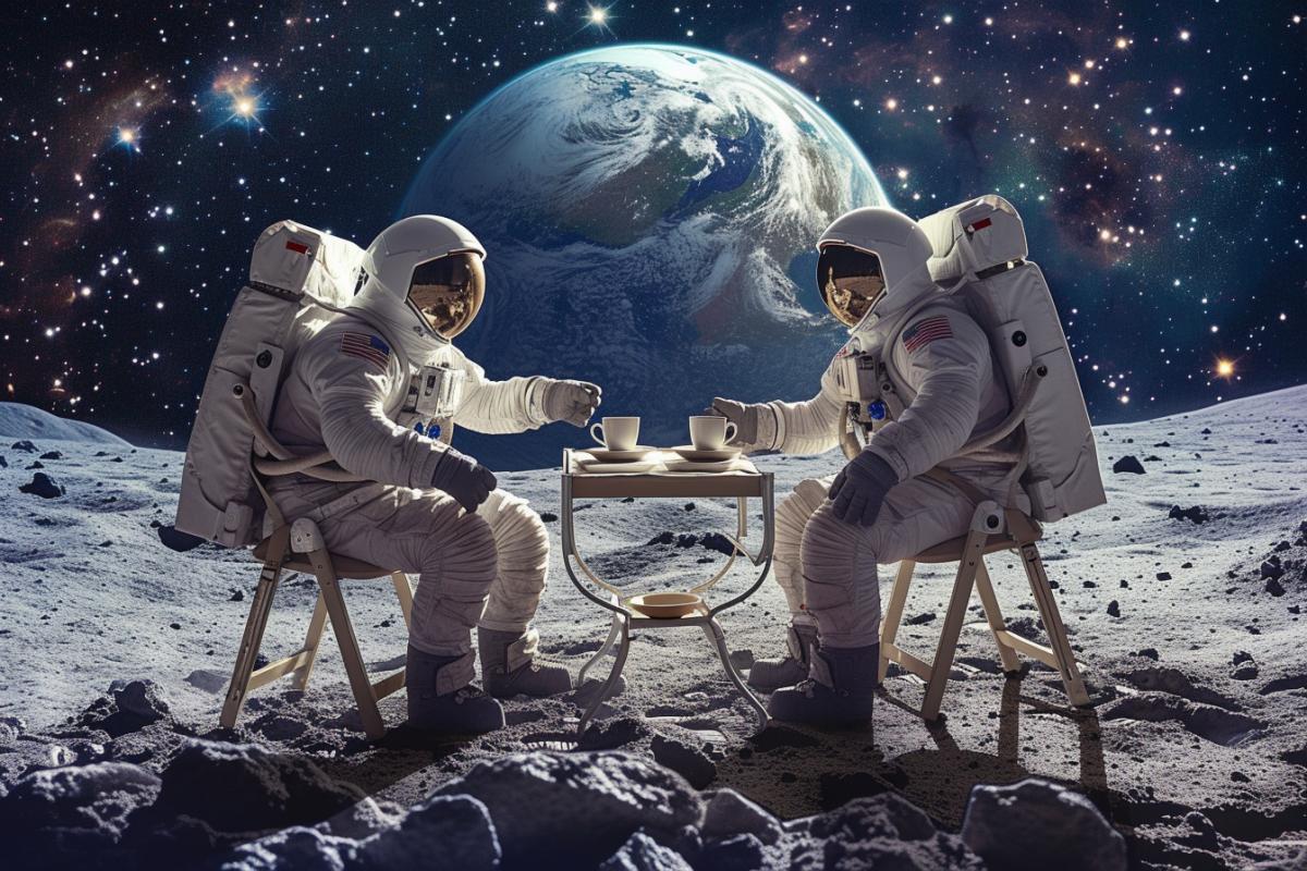 3 Astronauts in spacesuits on the moon, sitting at a table with coffee in their hands, the background is the earth and starry sky, digital art