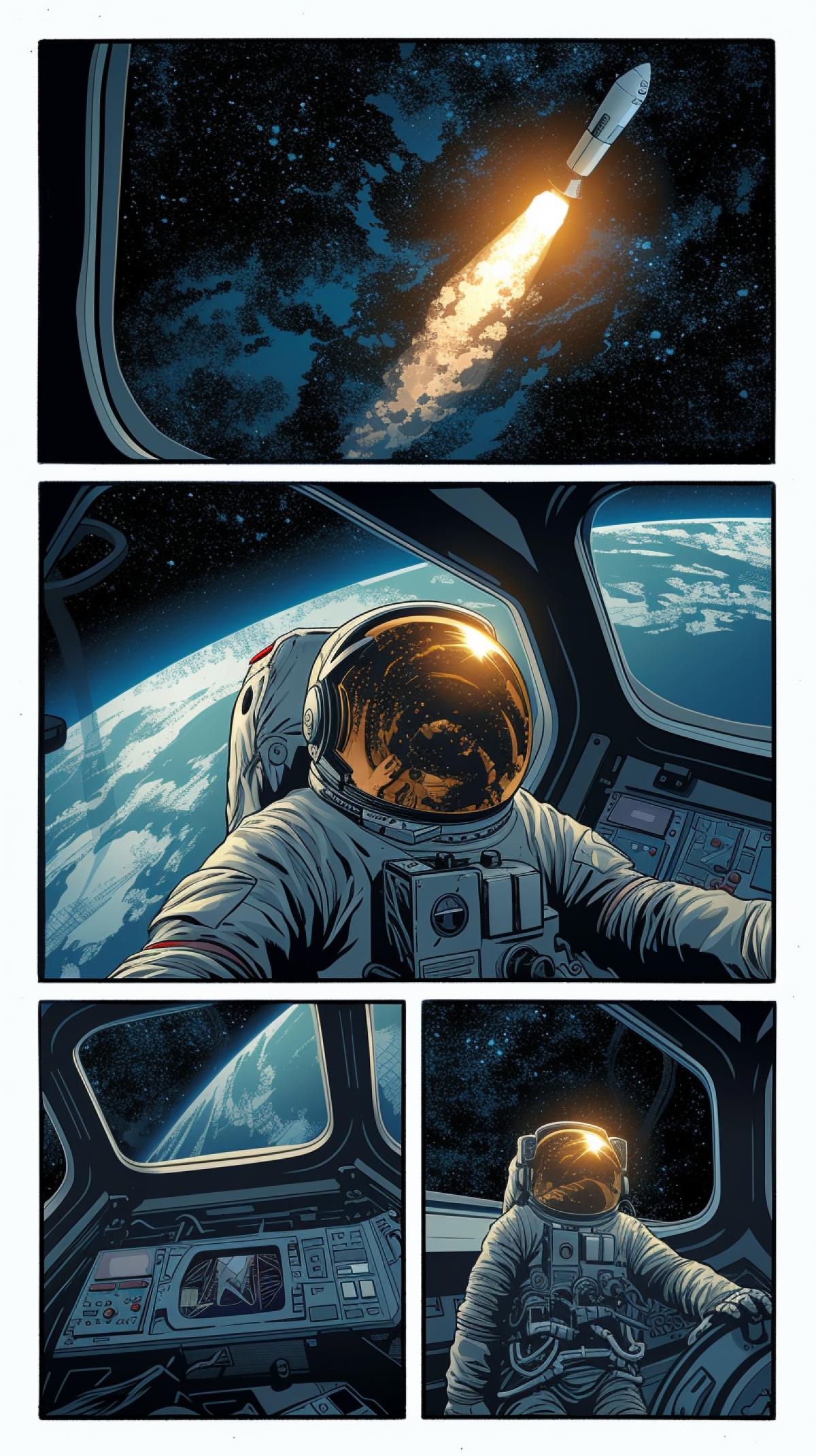 A three-panel comic book page. The first panel features an astronaut training in a space simulator. The second panel shows the astronaut in a spacecraft launching into orbit. The third panel portrays the astronaut floating in space with a view of Earth in the background