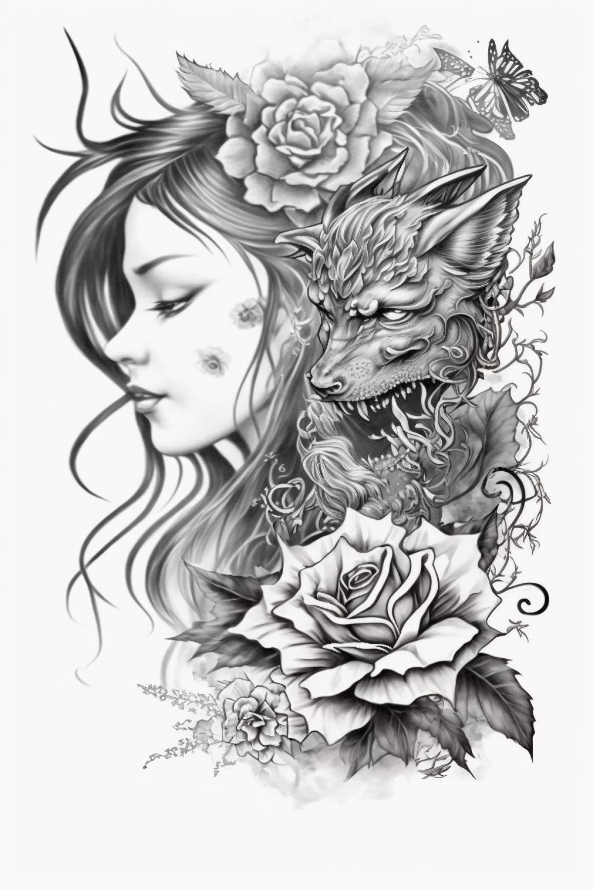 sketch on a white background of a beautiful tattoo in dark and gray tones with the image of the dragon protects the girl, tattoo sketch