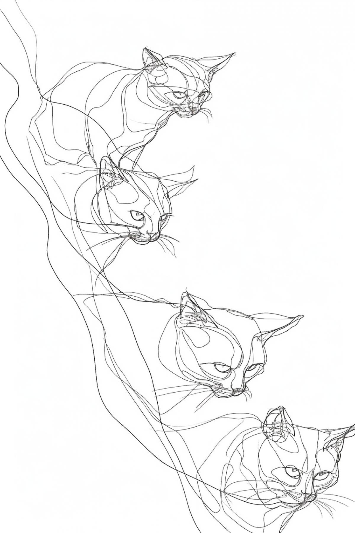 One line fine line neuro drawing of funny cats
