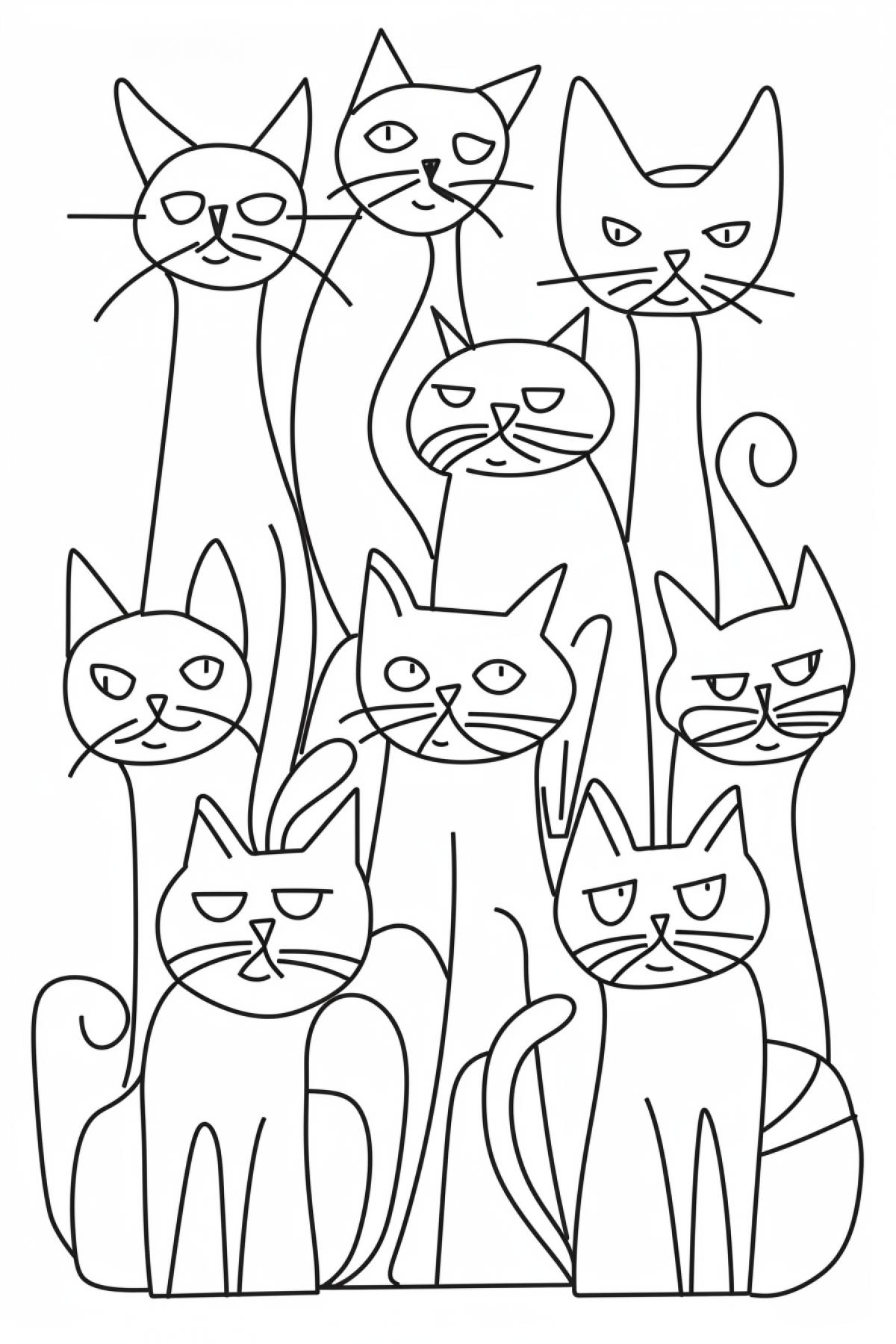 One line fine line neuro drawing of funny kittens
