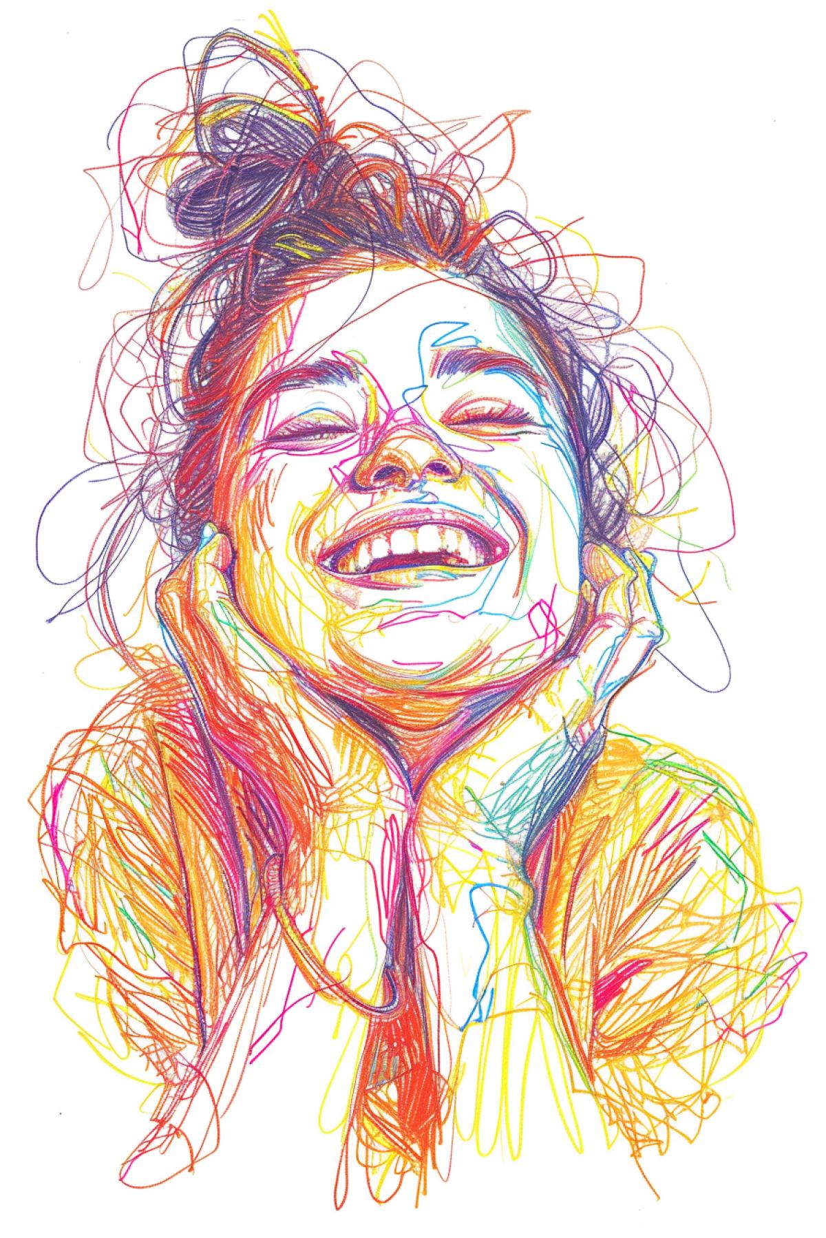 Multicolour fine lines drawing portrait of happy 24-year-old girl