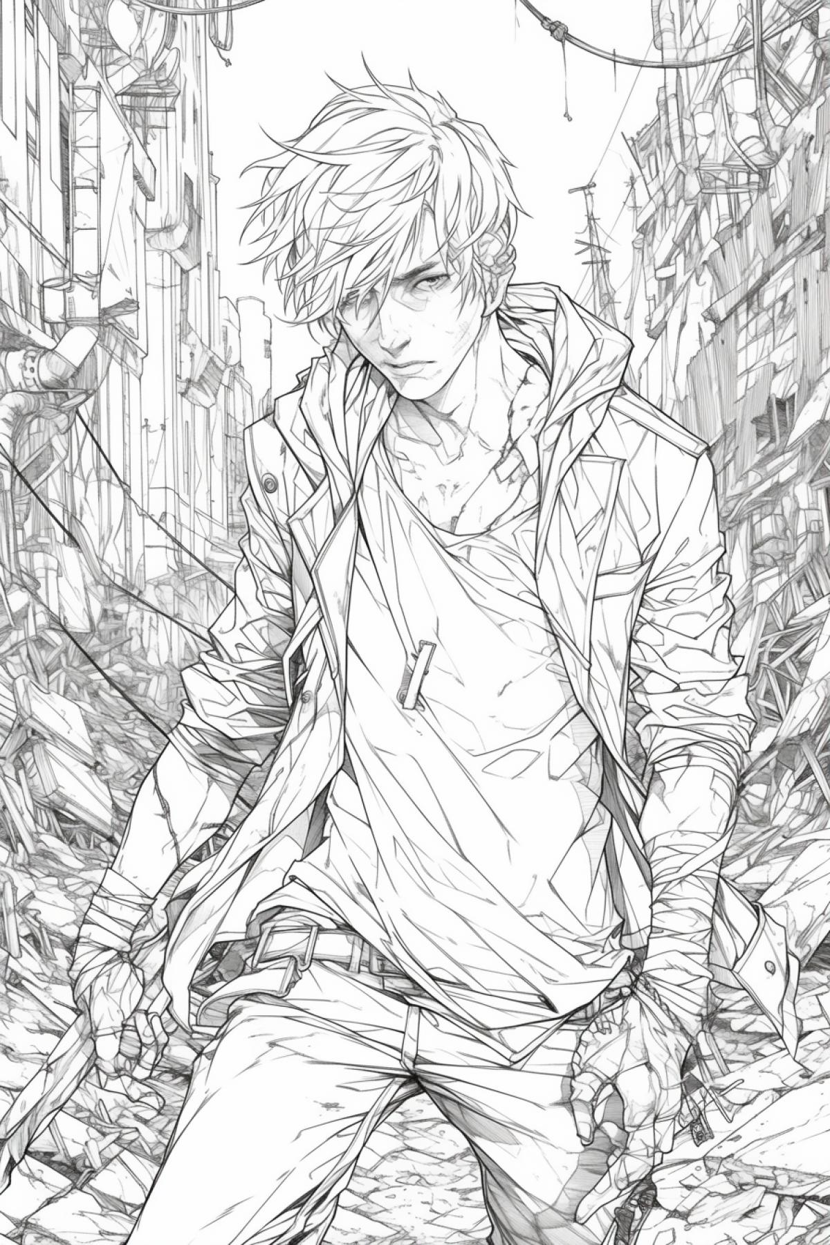 Manga fine line drawing handsome young 24-year-old boy in post-apocalyptic cityscape