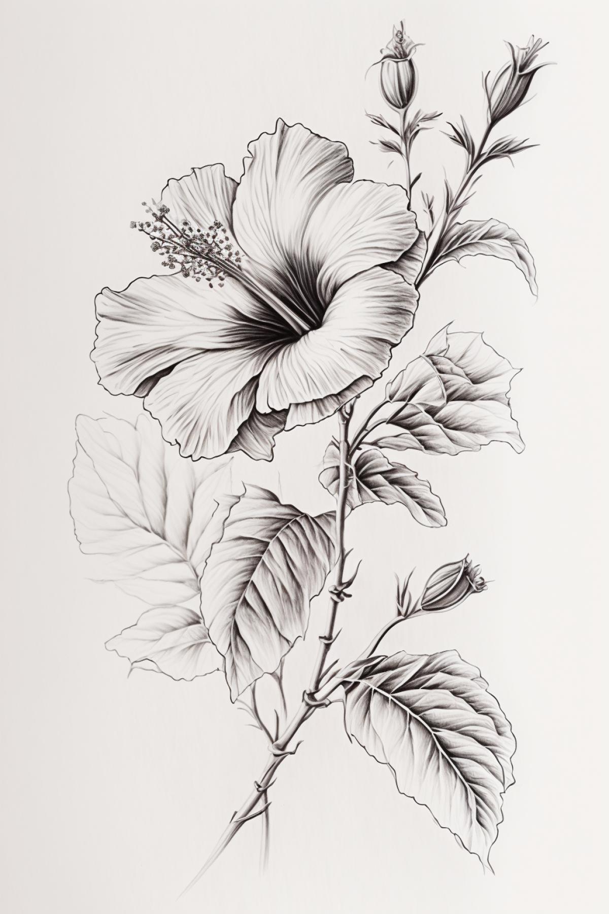 pencil sketch on a white background, hibiscus flowers, one line drawing technique