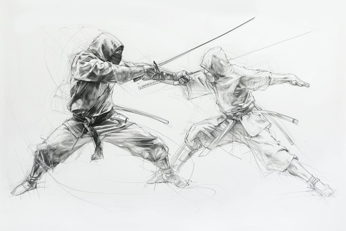 Linear pencil drawing, ninja fight, white background