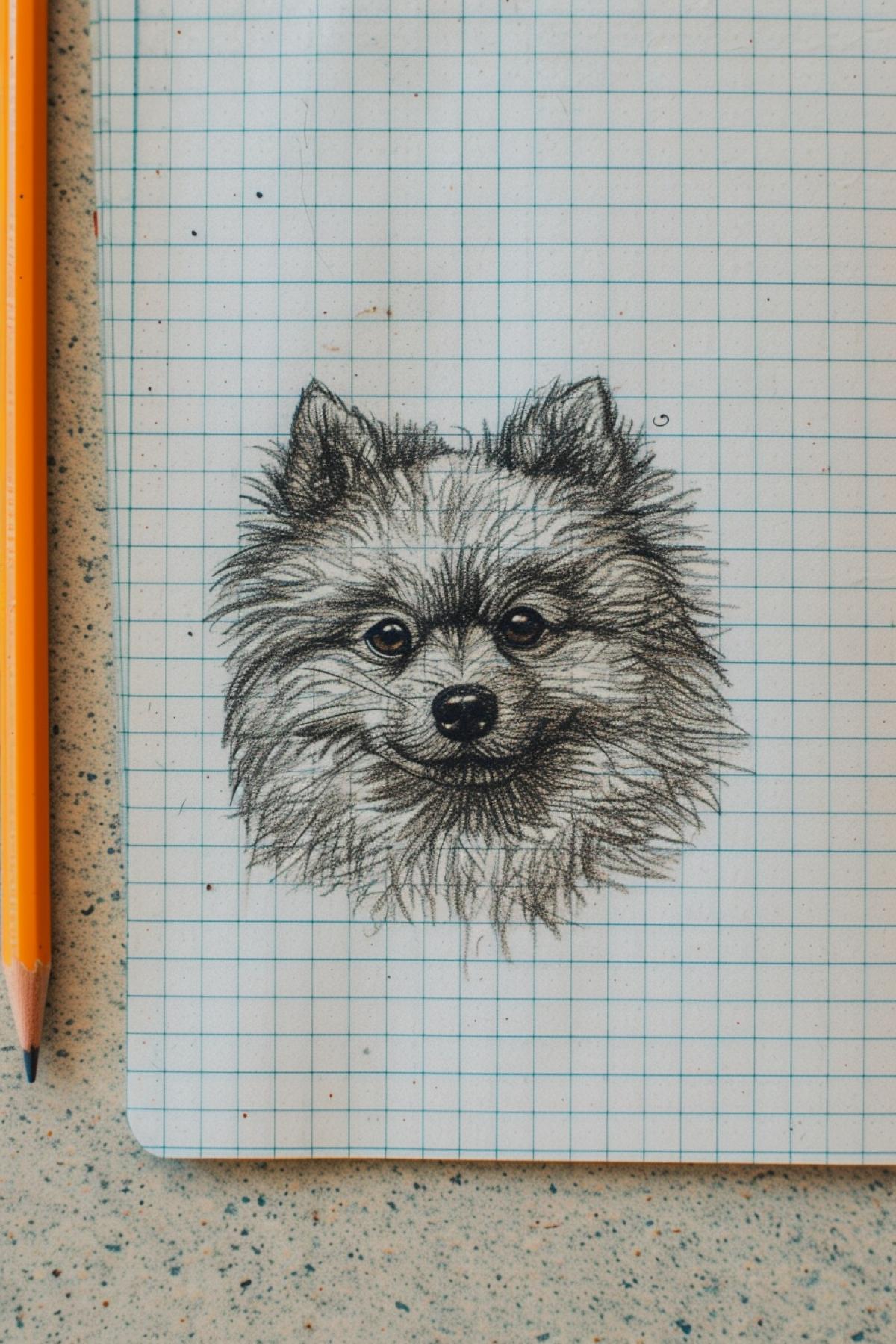 cute spitz, dark and white sketch with a simple pencil on a notebook sheet