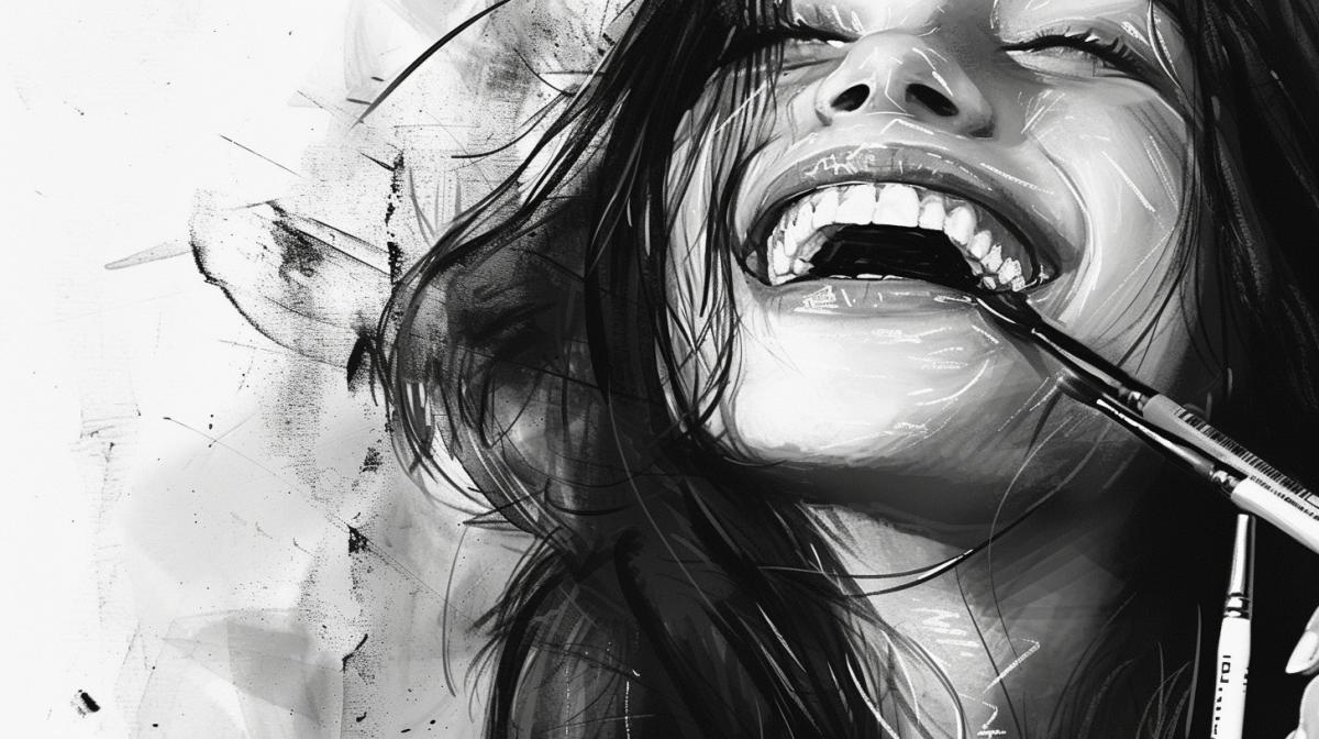 Imagine yourself as an artist/art designer. Draw a cheerful girl in dark and white with strokes
