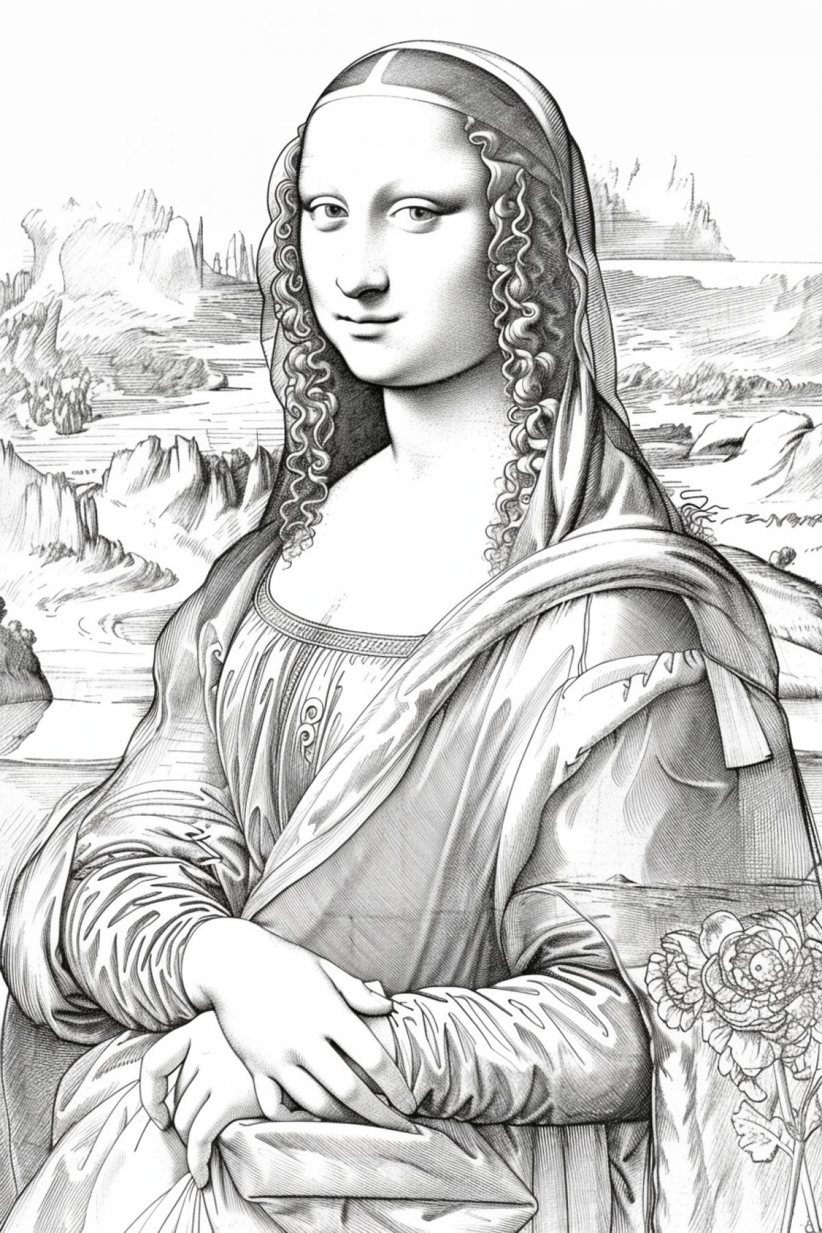 Leonardos Gioconda fine lines drawing for colouring