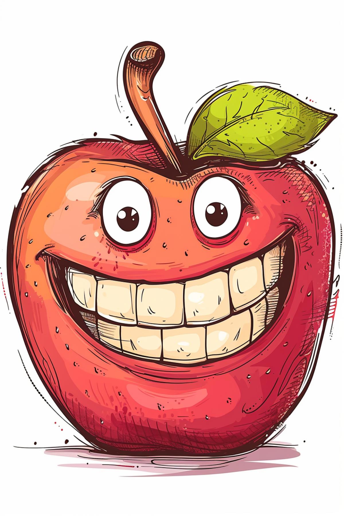 Apple with a cheerful worm, linear drawing, rich colors, caricature
