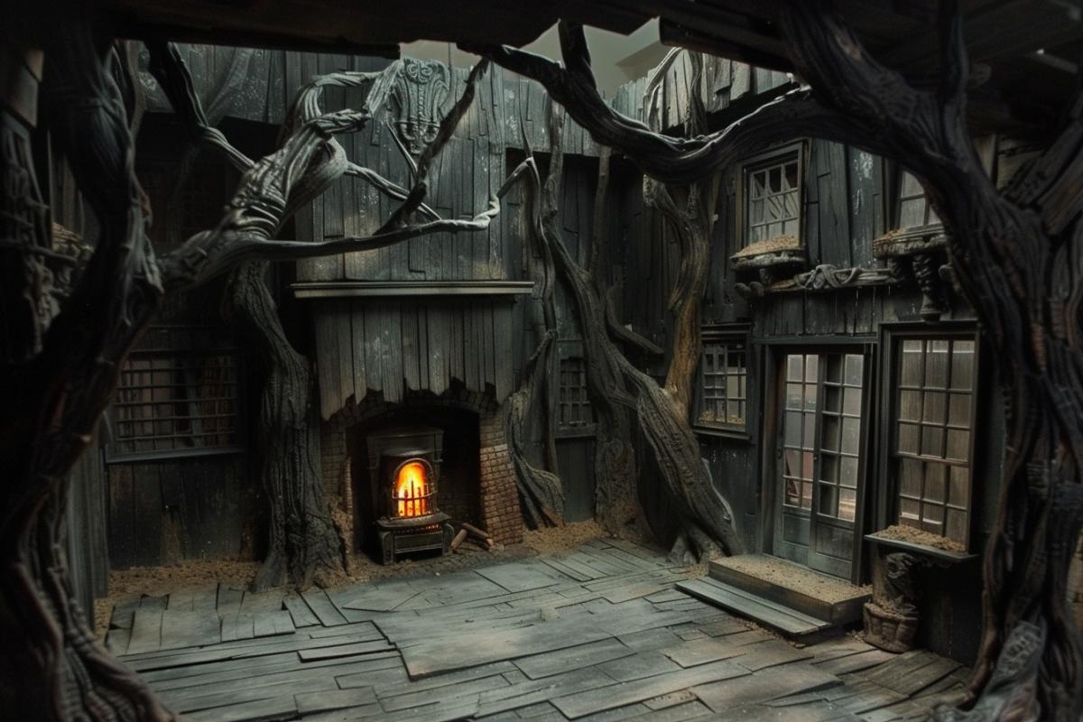 An ominous scary room made of wood, with a fireplace lightly burning inside