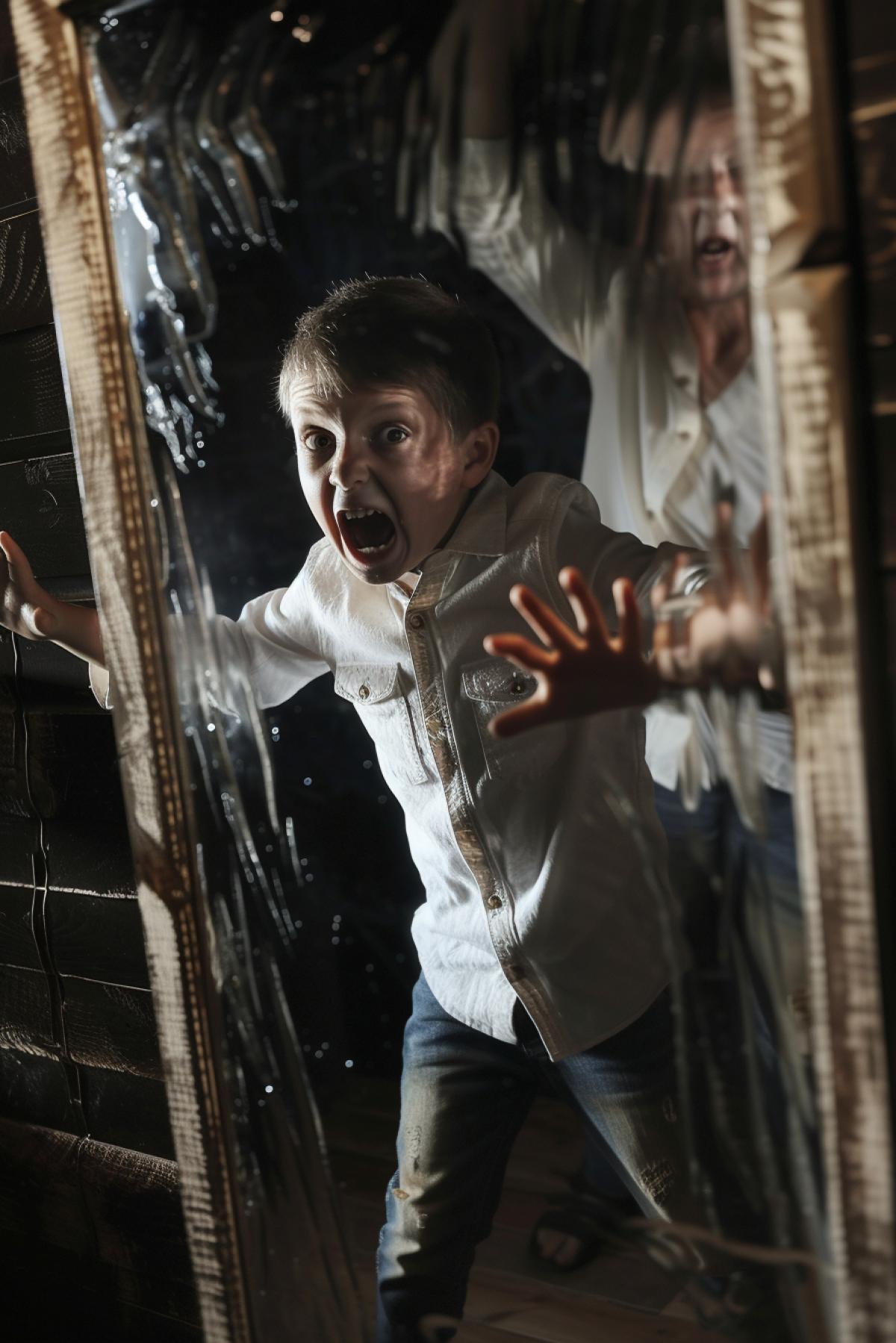 Angry fat frightening multiple reflection of drunken father holding leather belt on hands in giant distorted mirrors all around upon all walls little frightened boy in the middle of room