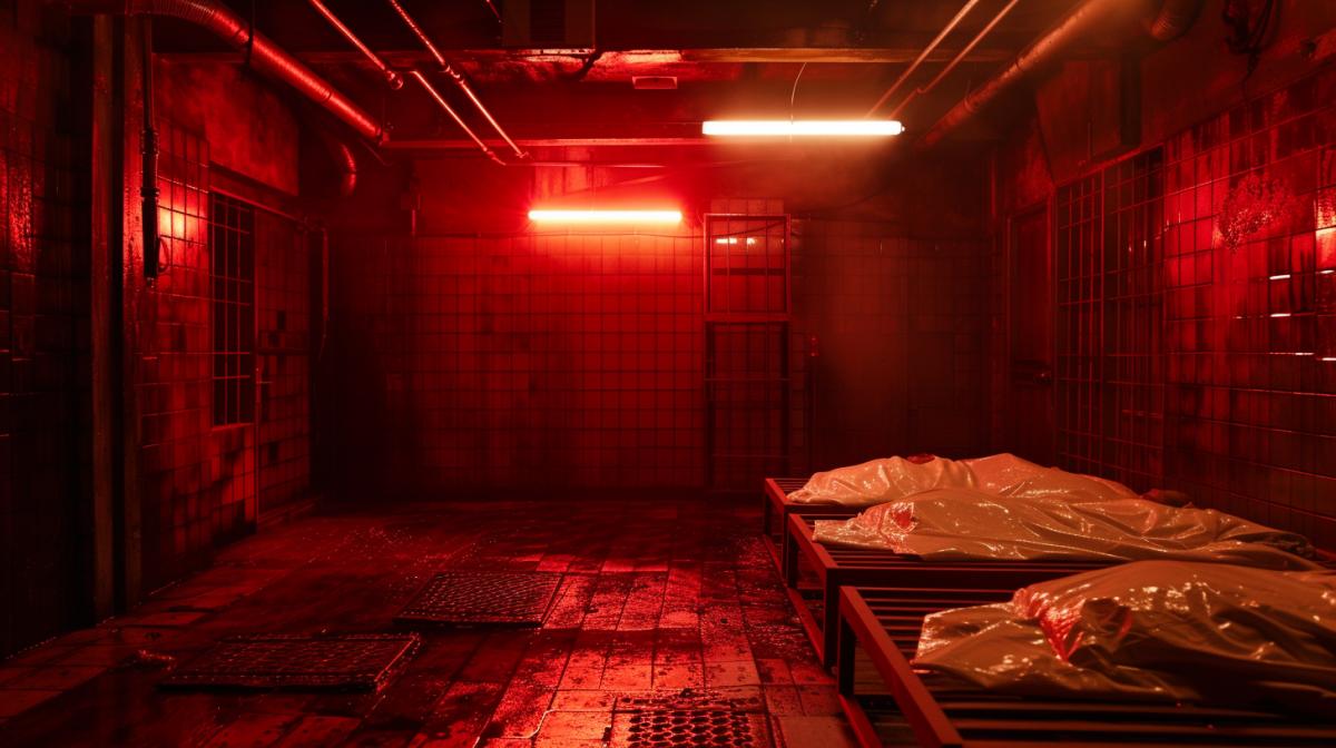 Silent Hill hospital interior, metal grating rusted floor, the room is illuminated by a flashlight, red lighting, morgue with bodies covered with white cloth soaked in red liquid