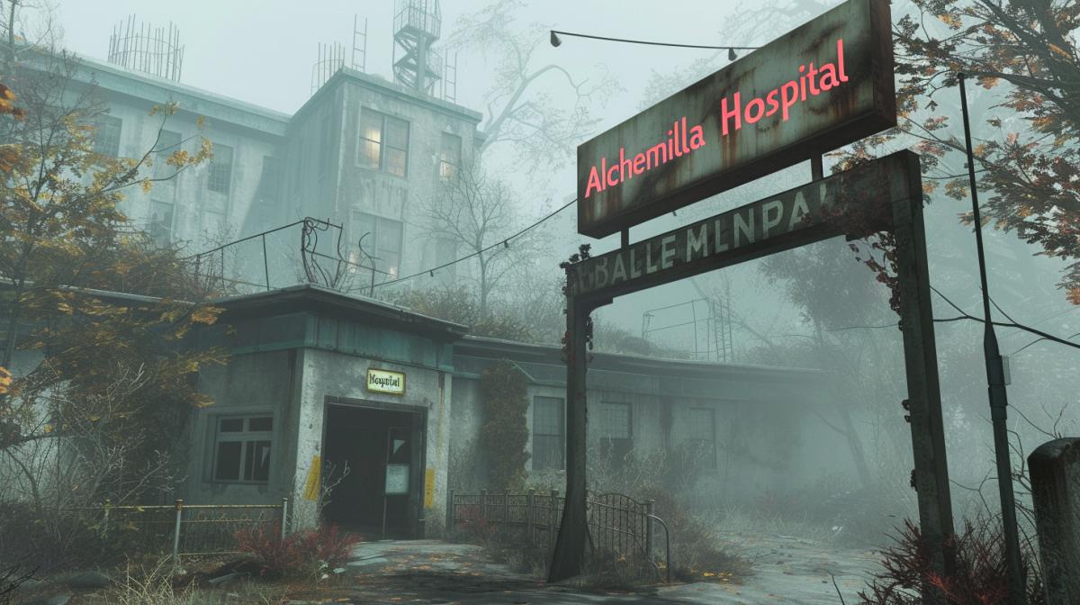 A deserted city, dense fog all around, an austere concrete building, a sign above the entrance \"Alchemilla Hospital\"