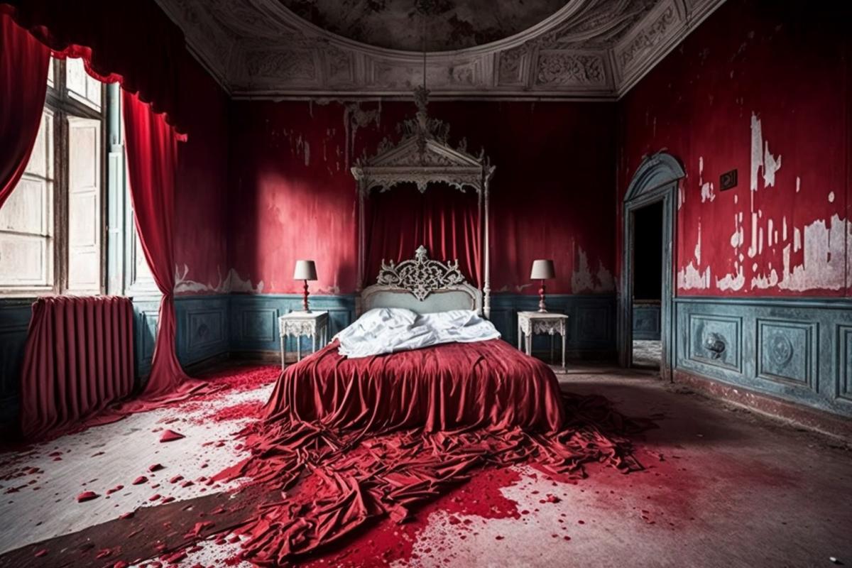 a room in a creepy abandoned mansion where a red liquid crime took place