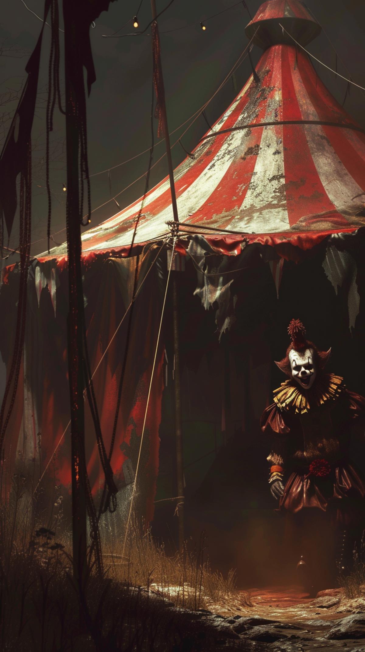 Under the circus tent, darkness and horror style, a sinister 19th century circus, dark and exciting image , by Jakub Rozalski , hard lines, in dynamics, highly detailed, packed with hidden details, style, high dynamic range, hyper realistic, realistic attention to detail, highly detailed, 32K, intense close ups, uhd image, realism, colorful realism