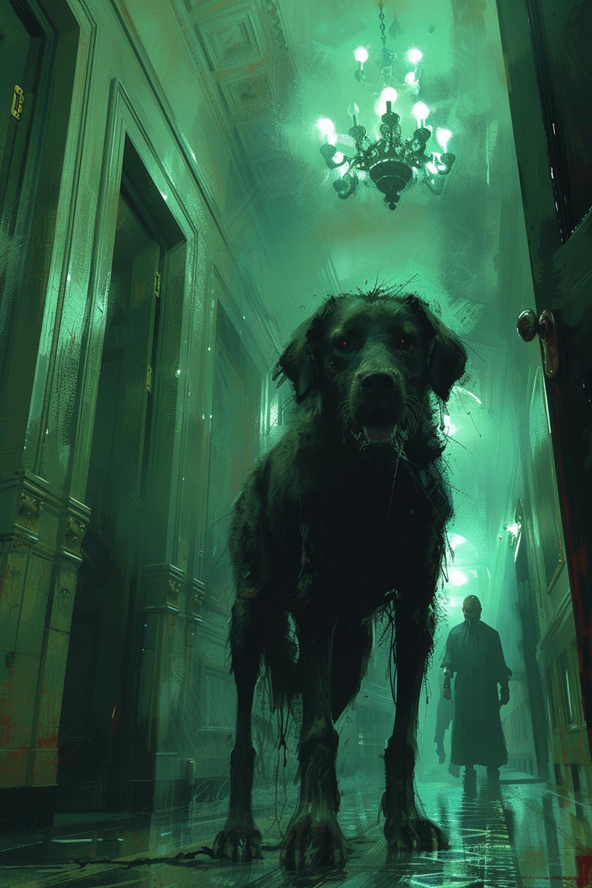 Hybrid of zombie dog and spider, dim light of corridor lamps , horror style, gloom and darkness, pale green and dark color, dark colors, atmosphere of trepidation. David Palumbo style