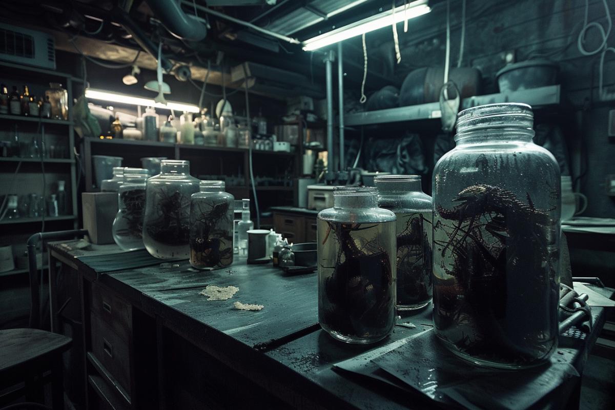 Maniacs lair, laboratory, human organism in jars, horrors, creepy interior, panoramic view, atmospheric, dramatic, film shot, photorealism