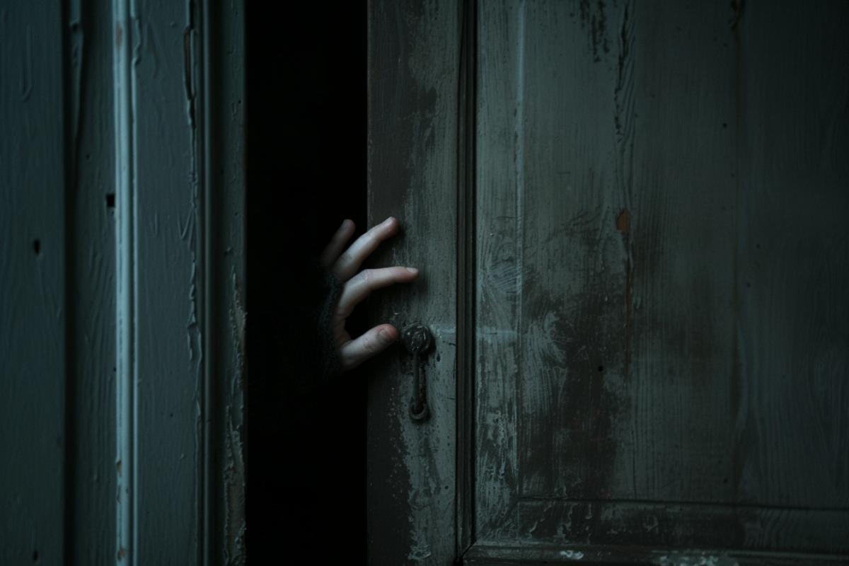 Dark room, there is a closet near the wall, a hand sticks out of the closet