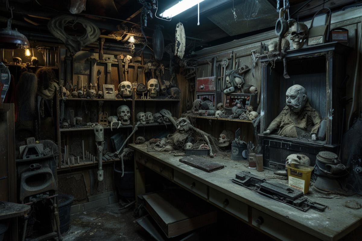 Puppet workshop from a horror movie, horror, creepy interior, general plan, atmospheric, dramatic, photorealism