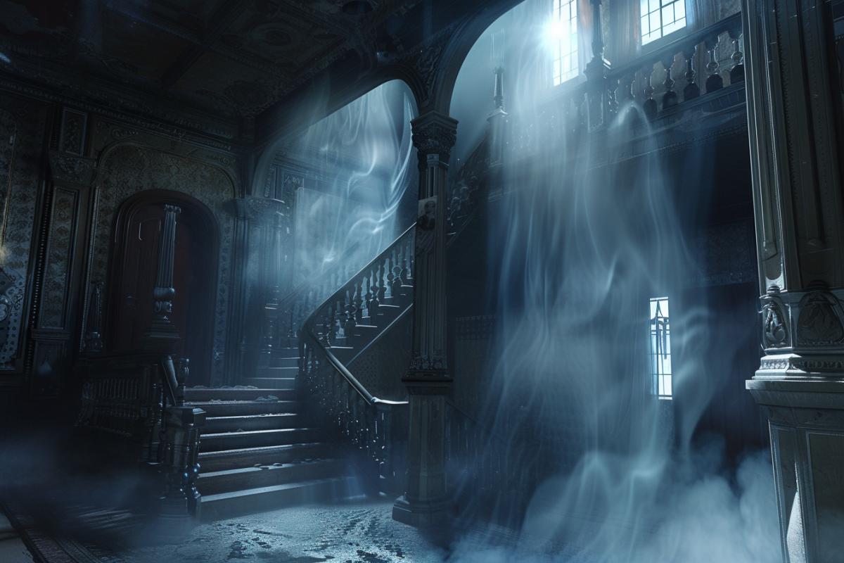 The interior of a mansion with ghosts from a horror movie, creepy interior, general plan, atmospheric, dramatic, photorealism