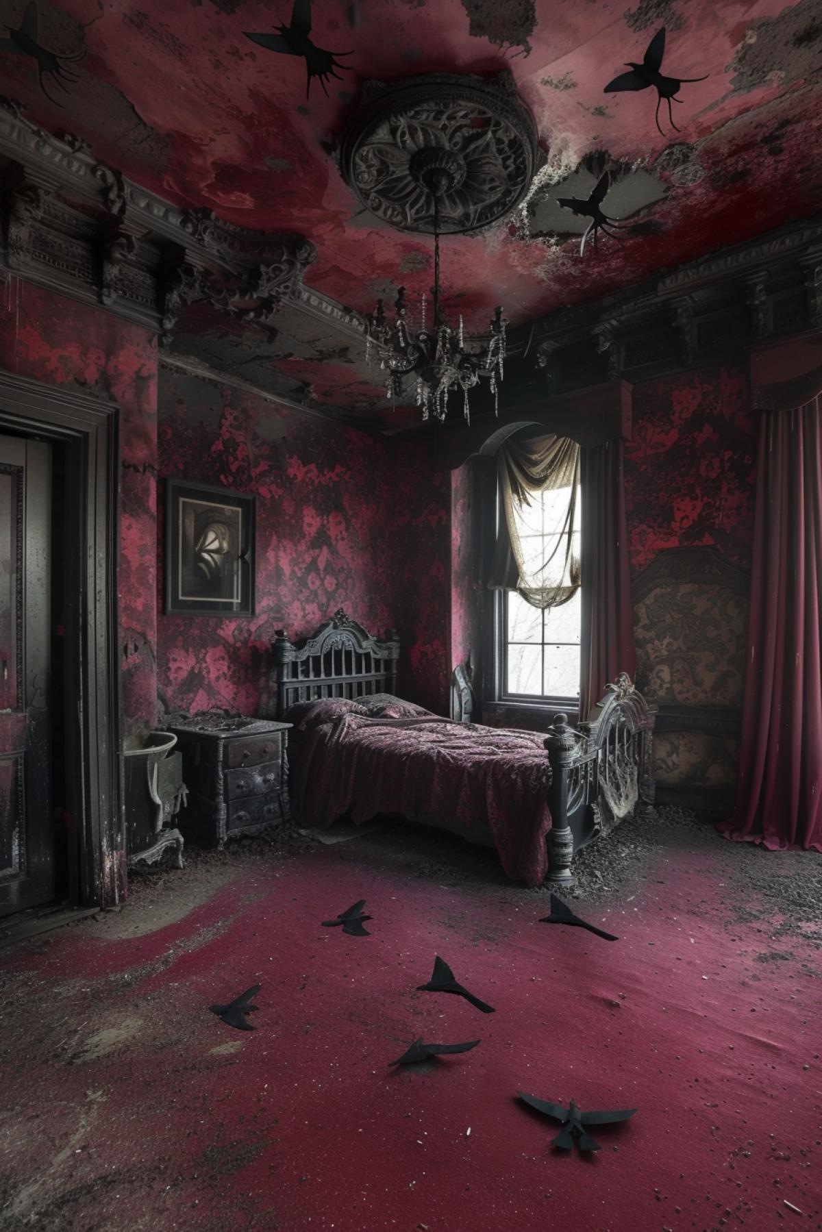 A sinister room in the style of the TV series American Horror Story