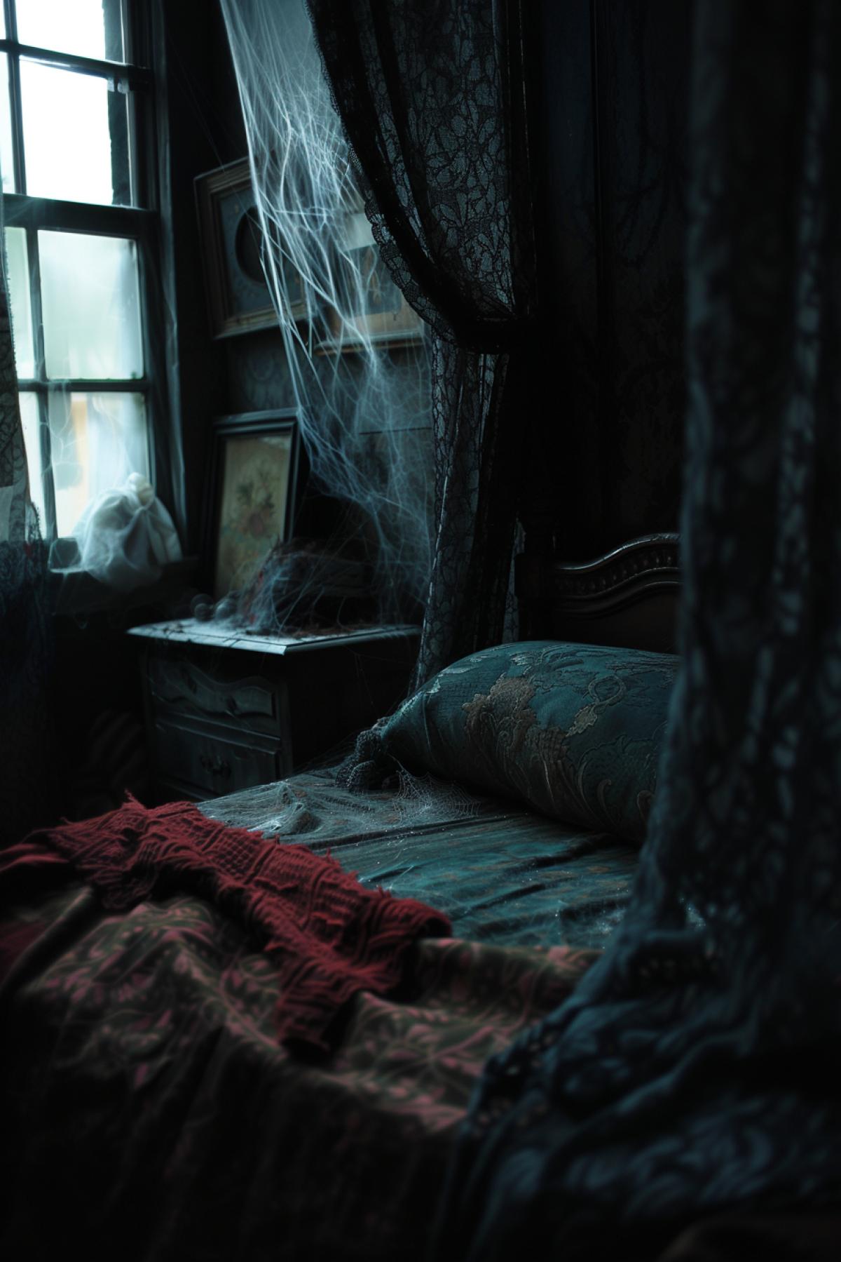 sleeping room, evil eyes In a dark corner, Spider, cobweb, rich colors, photography