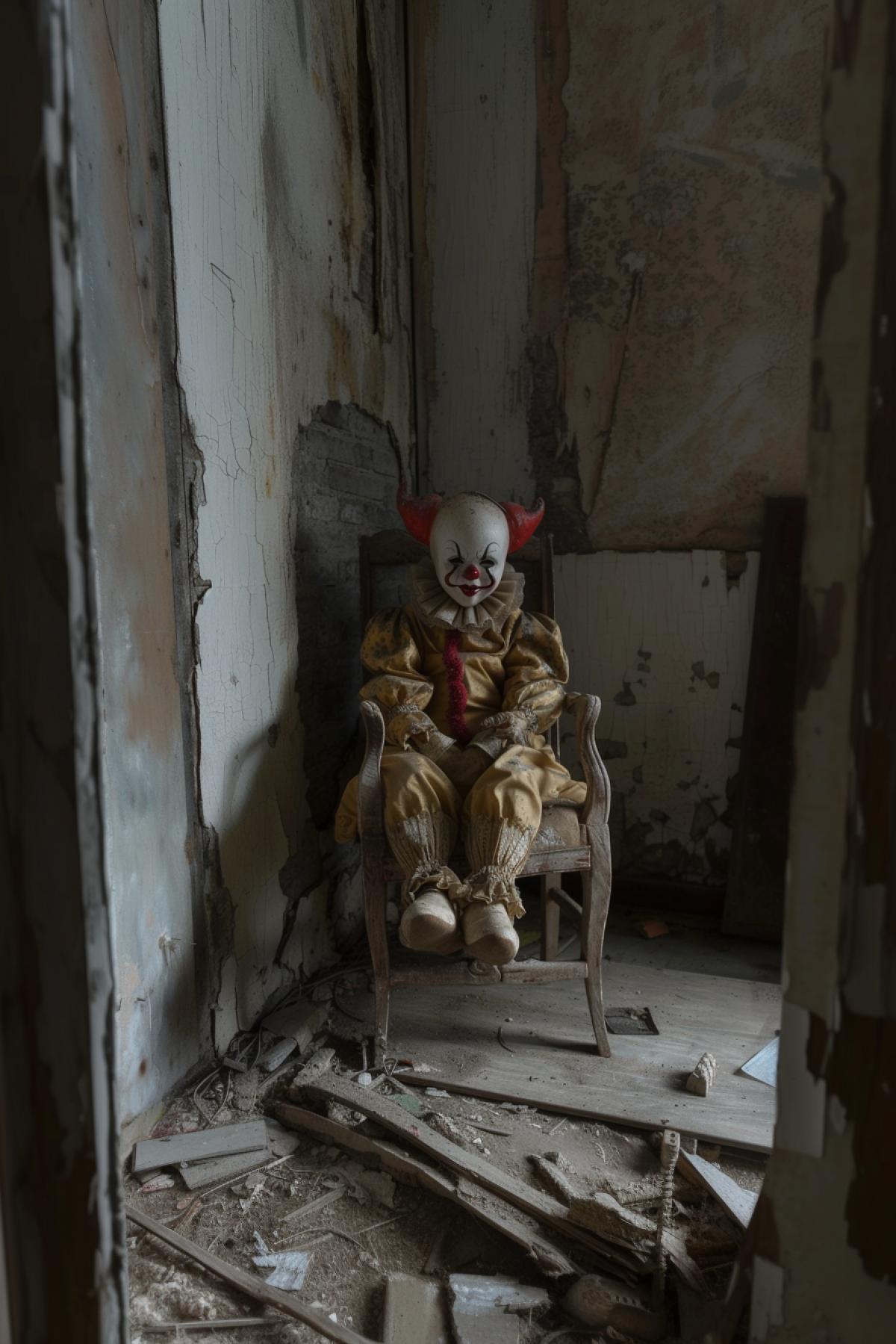 Dark room, a small crazy clown sits on a chair, Mystery, evil, unknown.