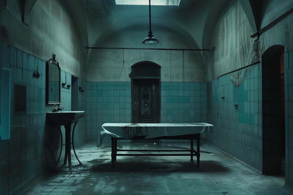Abandoned old Creepy Victorian morgue from a horror movie, photorealism, gloomy atmosphere, Gothic, fear