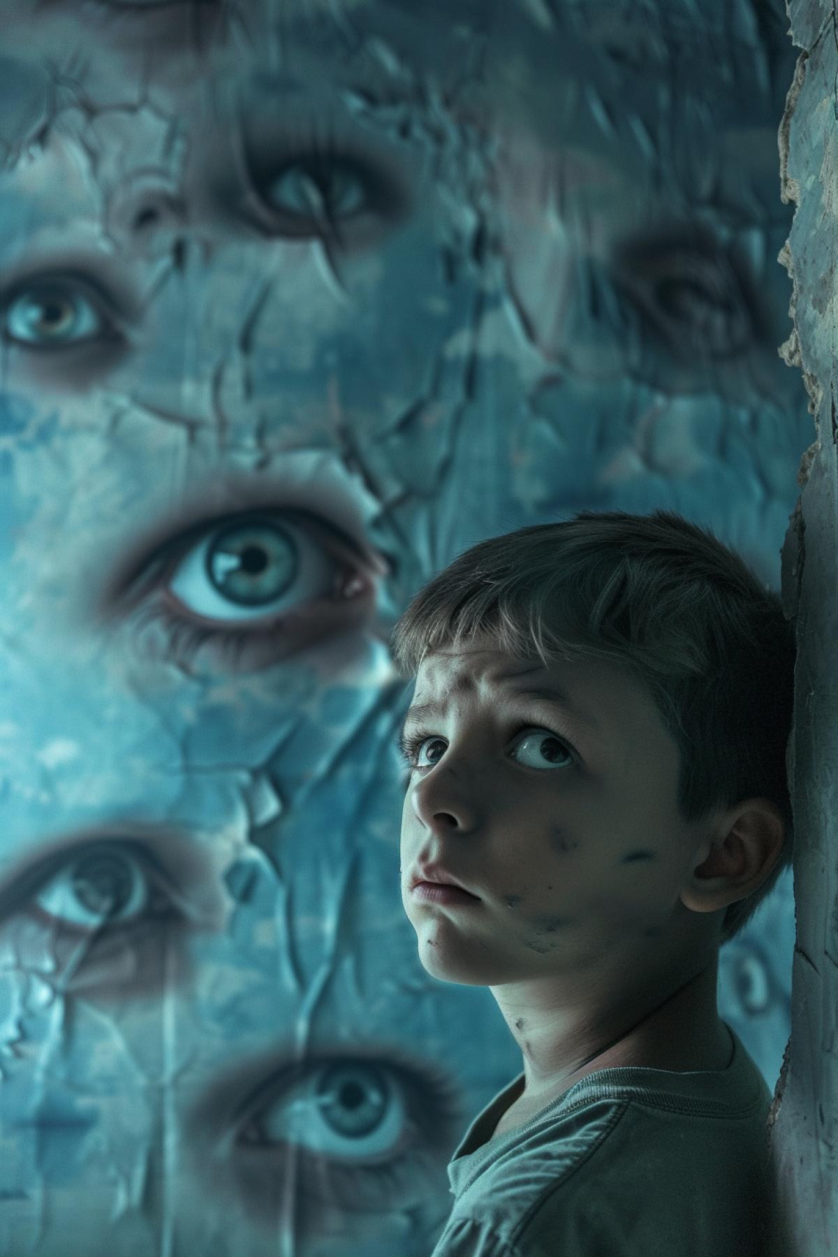 Little frightened boy in the room walls of muscles multiple eyes on walls starring horror cinematographic stop-frame