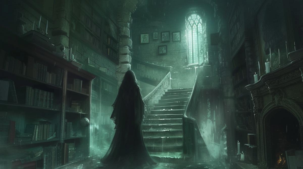 an image that will immerse a person in the world of mystical and mysterious places, where secrets and dangers await at every step, making the viewer tremble with anticipation of the unknown in dark and ominous rooms. Fear and Beauty of the Witch