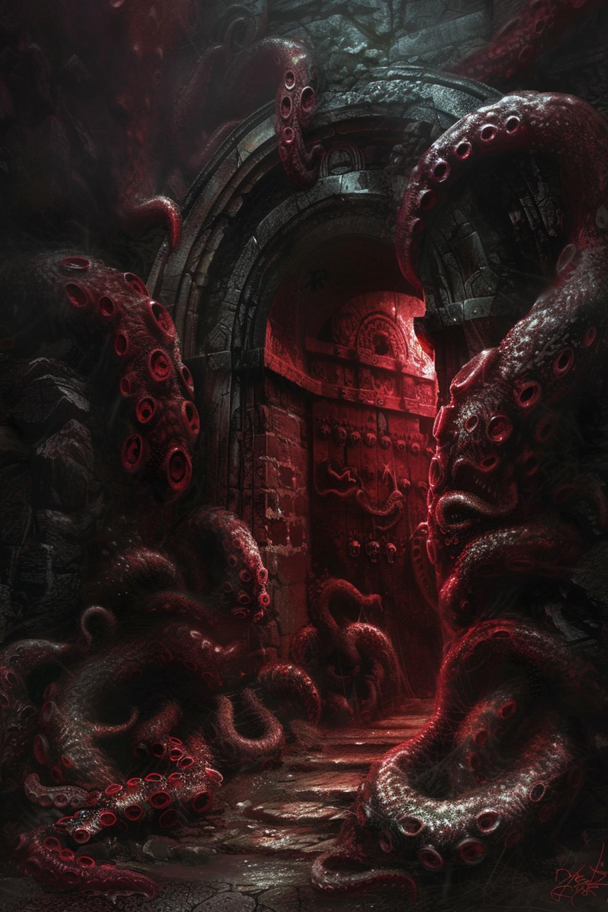 a dungeon entryway covered in tentacles for an ancient entrance in red,, in the style of energy-filled illustrations, neurocore, deathcore, heavy use of palette knives, intricately sculpted, otherworldly visions, synthetism