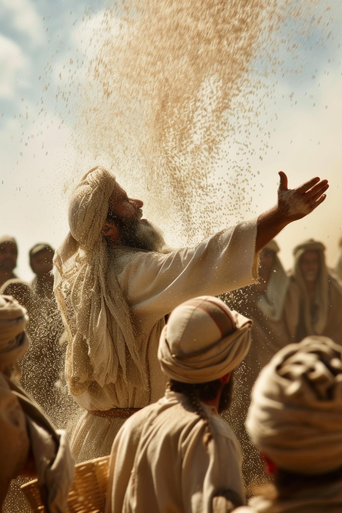 Exodus Moses and hundreds of ancient Jews near their tents in the morning desert surprised with heavenly manna as small white cereal falling down from skies