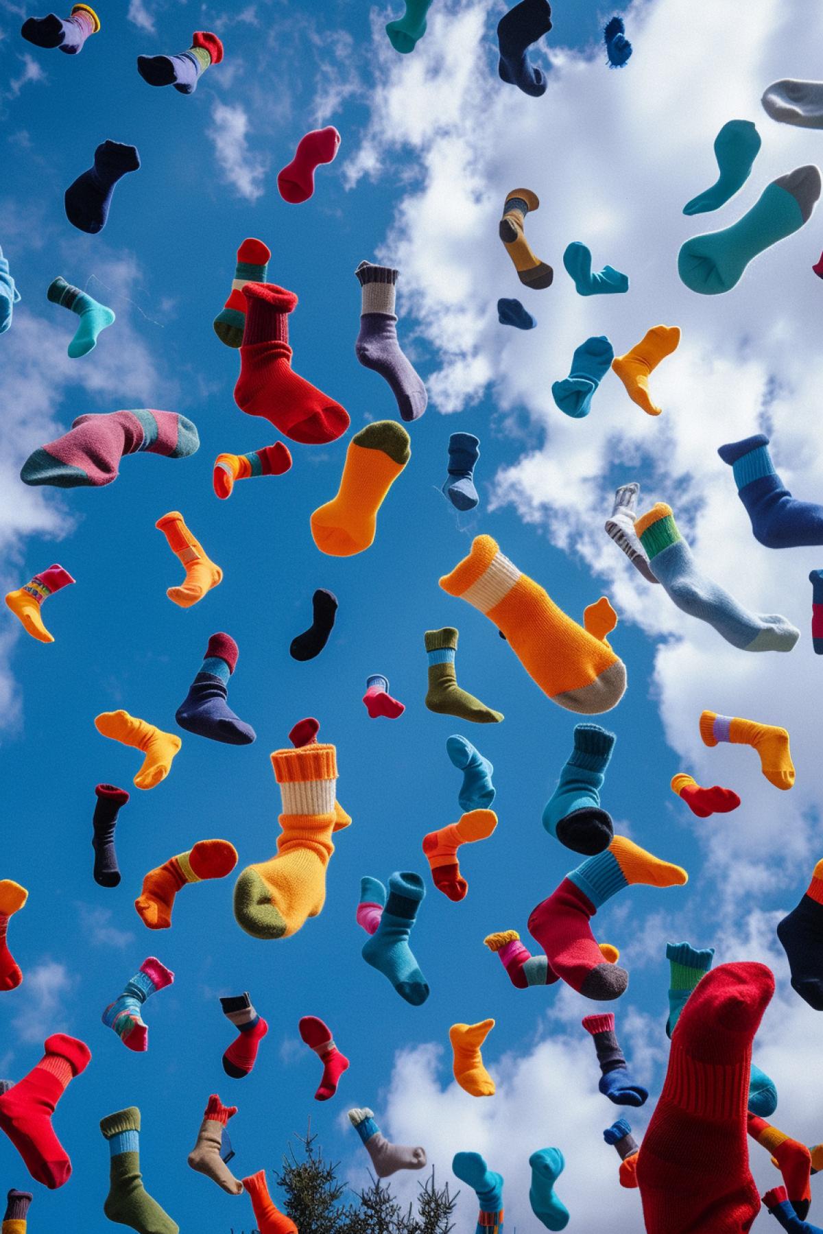 A lot of socks are falling from the sky