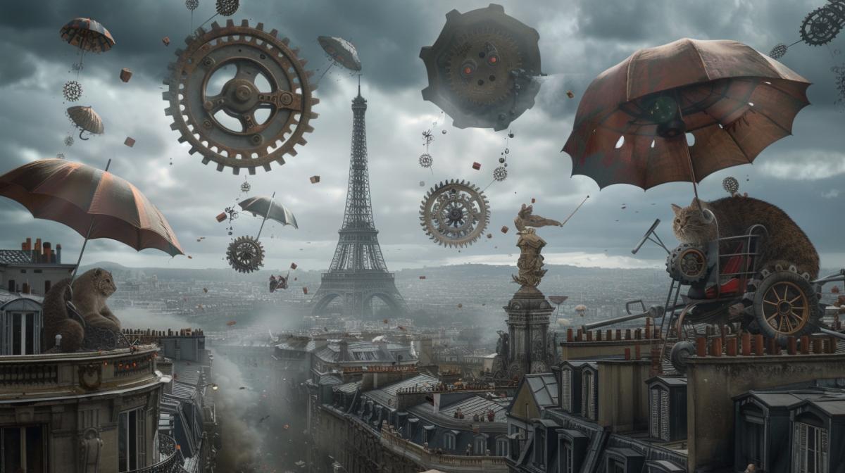 gears falling from the sky, fantastic animals eating bricks under umbrellas in Paris