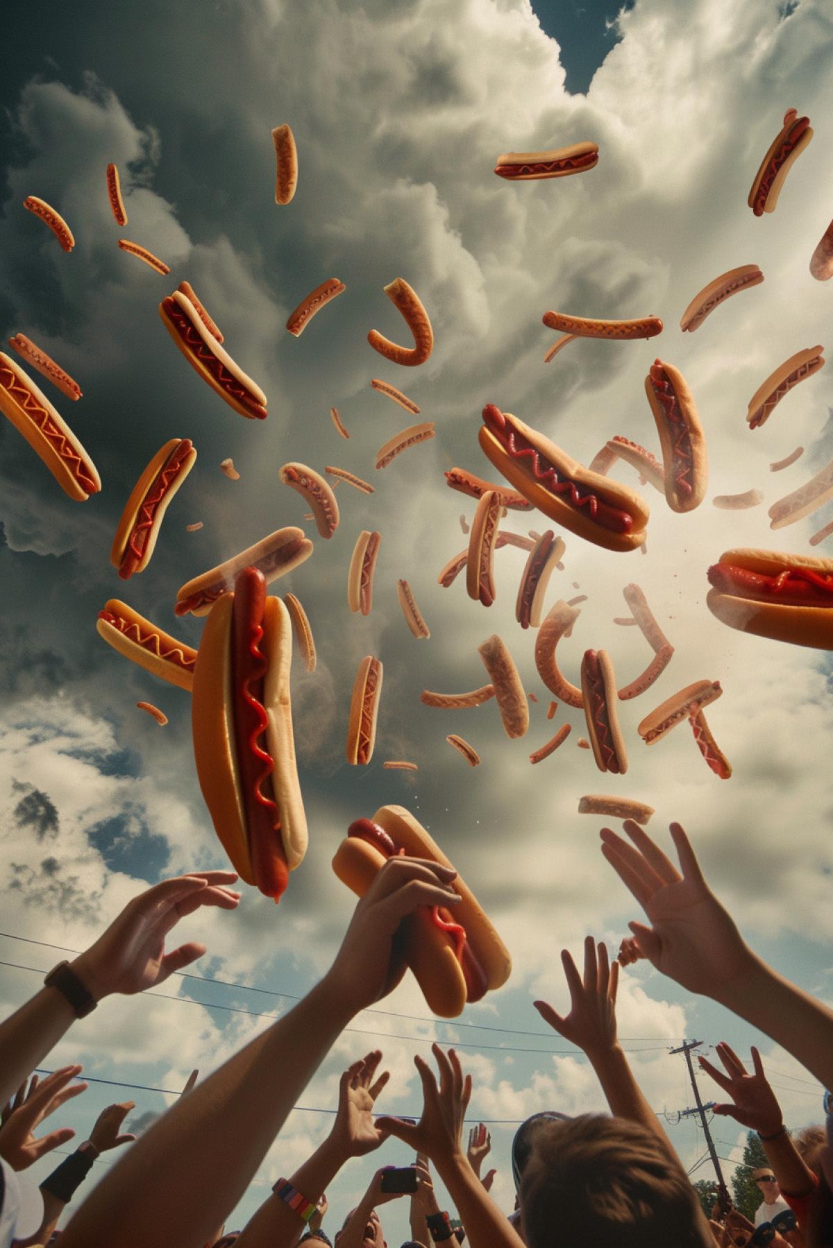 photo, hot dogs falling from the sky, people rejoicing