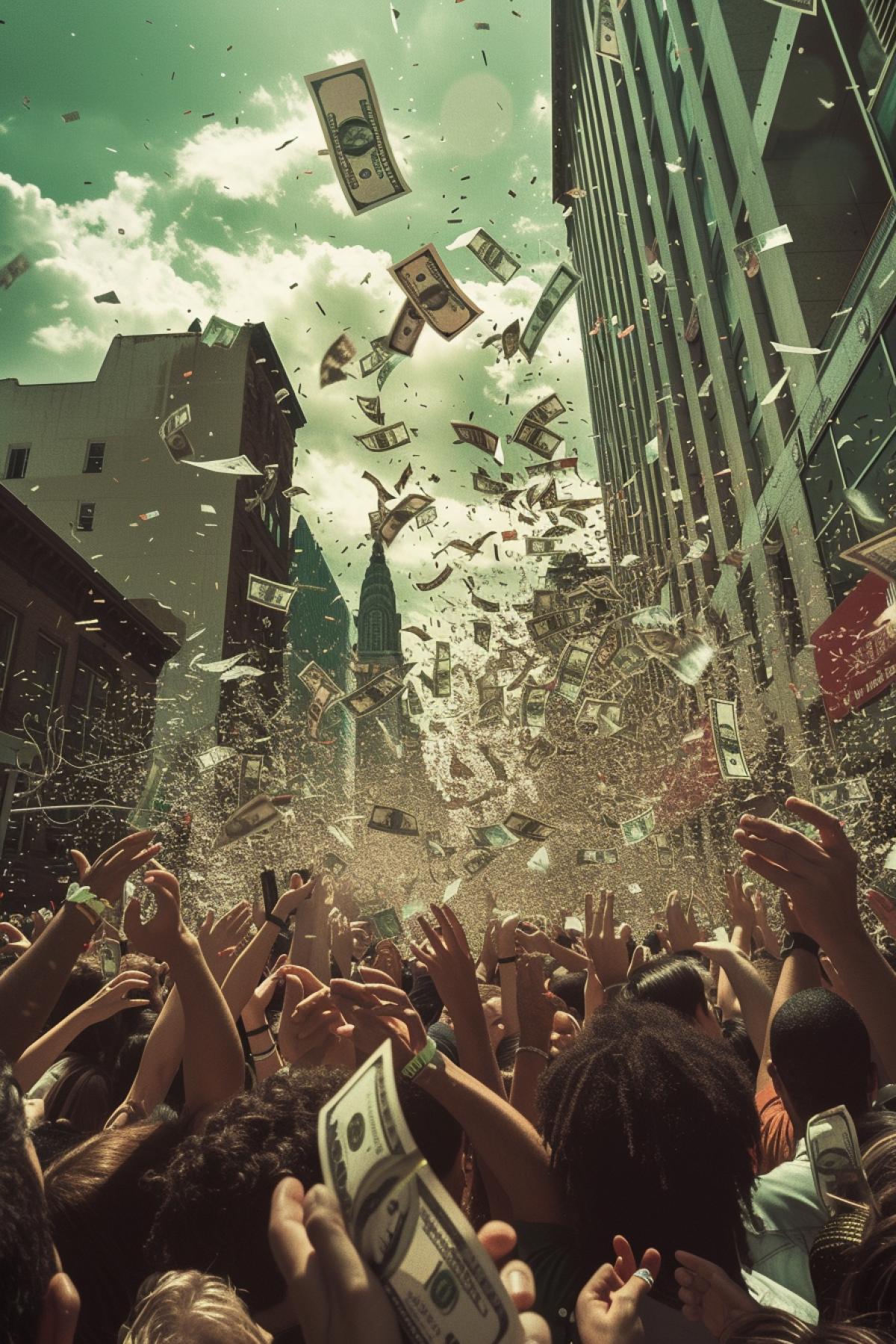 professional photo, cinematic quality, money falling from the sky, a crowd of people trying to catch it