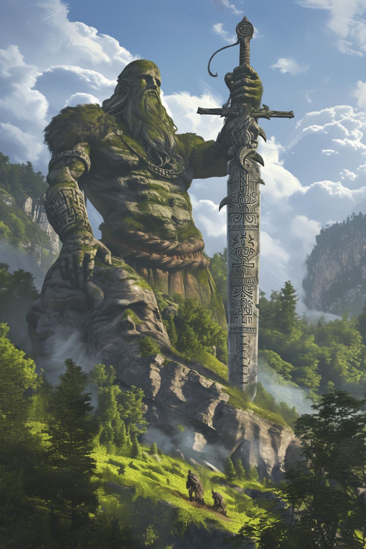 giant statue of a Celtic warrior who raises a sword into the sky, carved into a rock, forgotten places, dense forest, mountain, clear day, statues of warriors overgrown with time, runes, fantasy style, in dynamics, highly detailed, packed with hidden details, style, high dynamic range, hyper realistic, realistic attention to detail, highly detailed, 32K, intense close ups, uhd image, realism, colorful realism