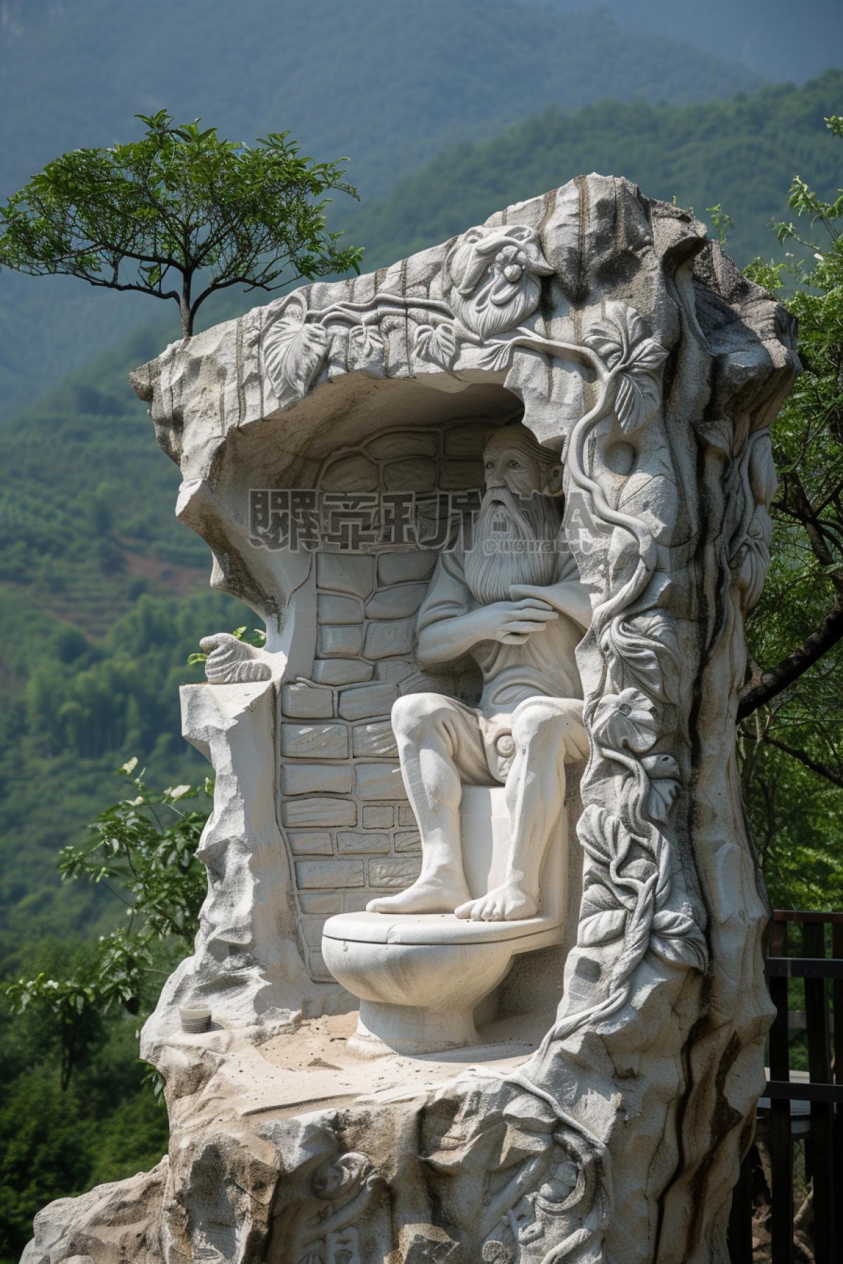 Toilet statue carved into the mountain, photorealism