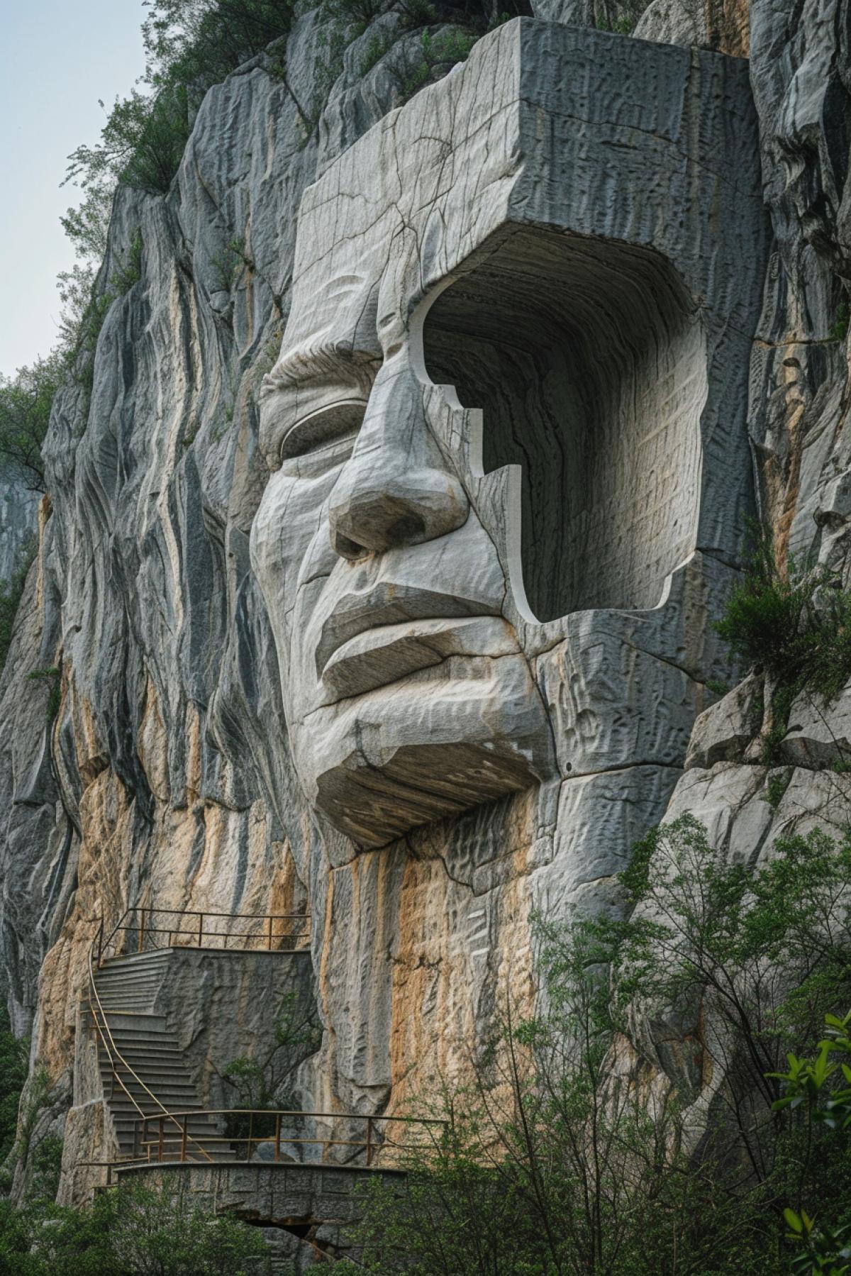 Giant Toilet statue carved into the mountain, photorealism