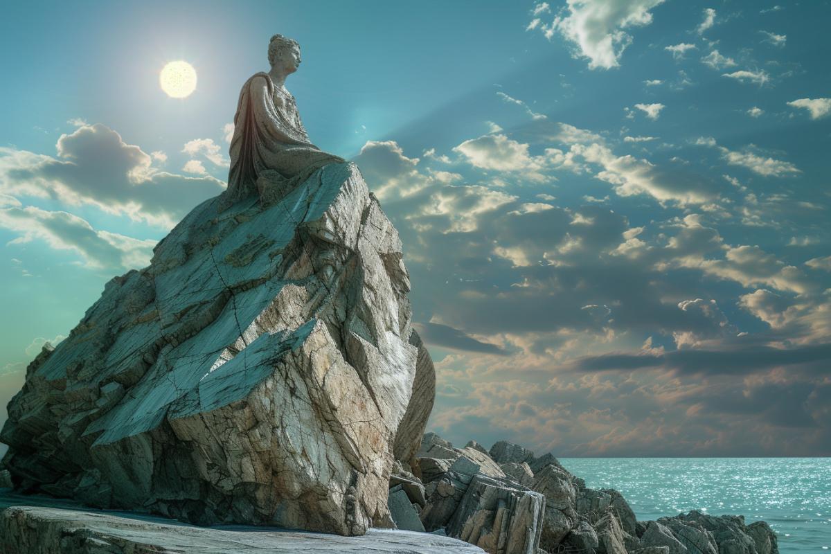 Stone girl, huge rock, granite, basalt, beautiful figure, mother nature, sun, ocean, life force, high quality, realistic style