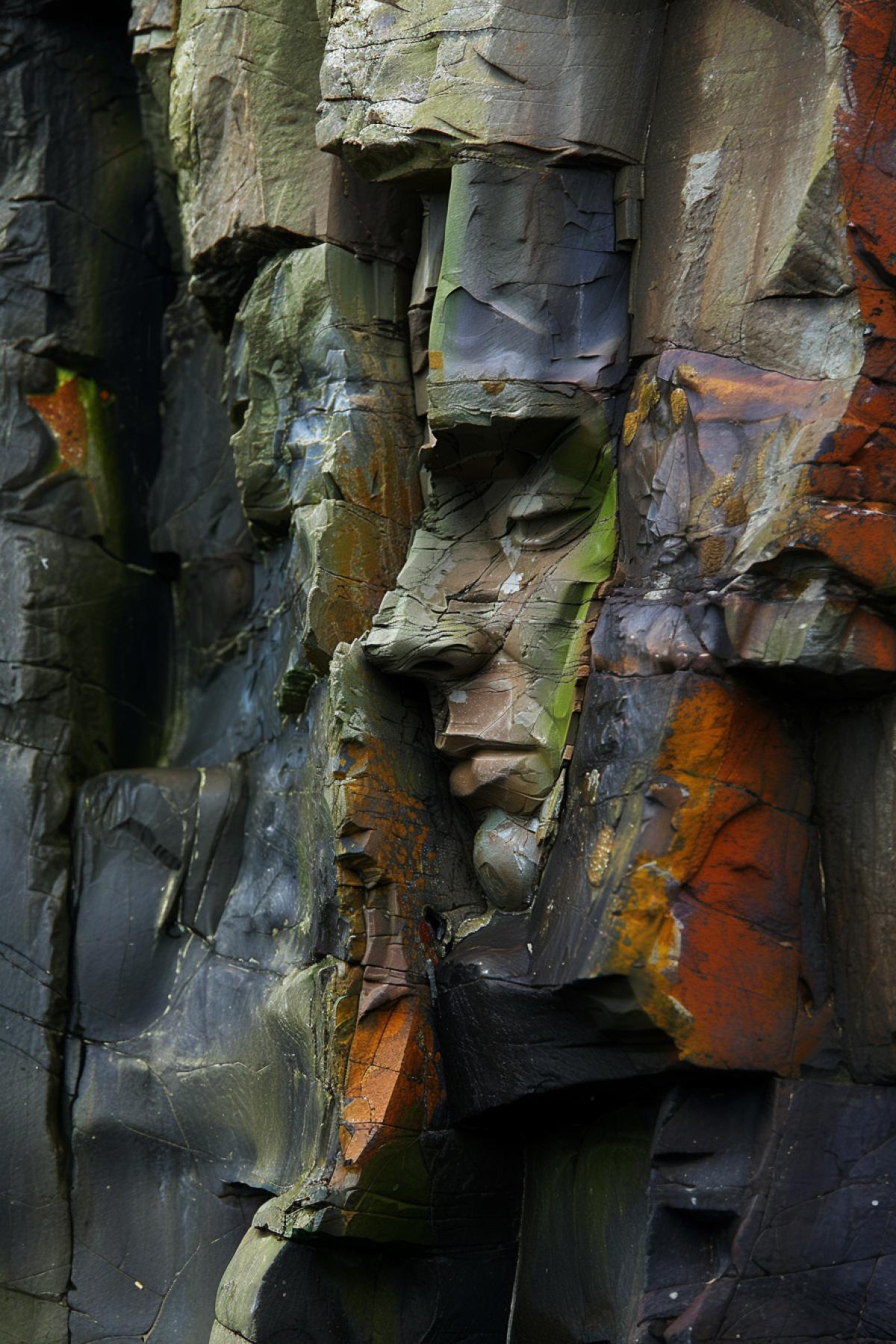 face on a rock, time distortion, Parallel world, rich colors