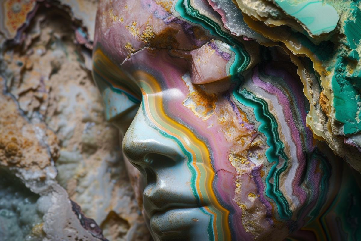 Stone mother nature, beautiful stone woman, colorful stone, big rock, rose quartz, mica, malachite, high quality, volumetric lighting, maximum detail