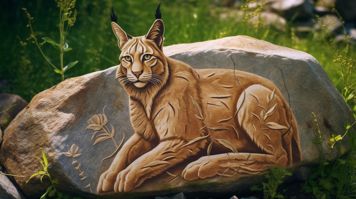 a lynx carved into a rock on the bank of a mountain river in green grass. on Mars, at the foot there are abstract patterns on stones in bas-relief style. Planet earth is visible in the background in space