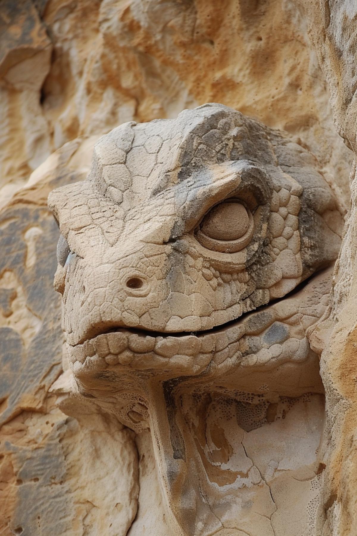 the face of a lizard is carved from the rock, a fascinating view